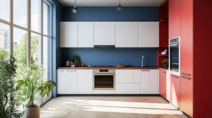 Modern Kitchen Interior with Blue and Red Cabinets