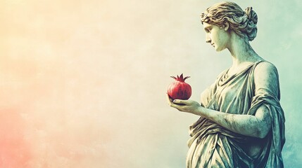 Stone statue holds pomegranate; serene, classical pose.