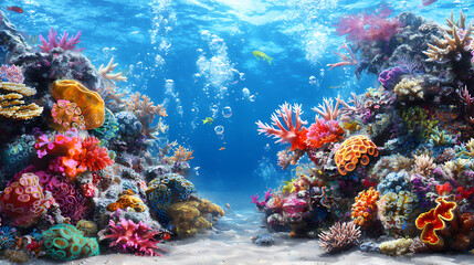 Naklejka premium Underwater Vibrant Coral Reef Scene with Colorful Fish and Bubbles