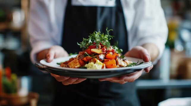 Chef presenting gourmet dish with vegetables and greens in restaurant
