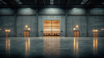 Large industrial space with expansive doors. Polished concrete floor reflects light