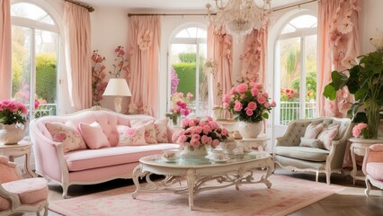 A bright and elegantly furnished living room featuring two floral-patterned sofas and a coffee table with a silver tea set.