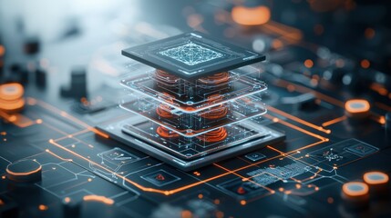 Layered technological processor; intricate circuitry, glowing components