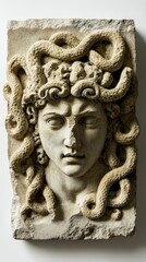Stone relief carving, serpentine hair,  gorgon face.