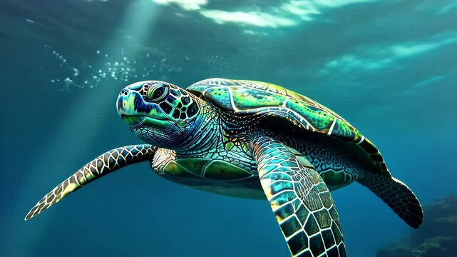 A vibrant green sea turtle swims effortlessly in the warm ocean waters, surrounded by bubbles and illuminated by sunlight, showcasing the beauty of marine life.