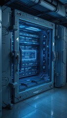 Futuristic tech door glowing in blue light within modern interior  