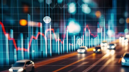 A city street illuminated by colorful lights showcases dynamic financial data visualized through vibrant lines and bars, creating a captivating nighttime atmosphere. - Powered by Adobe