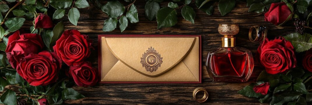 Luxurious Wedding Invitation with Red Roses, Gold Accents, and Perfume Bottle on Rustic Wooden Background, Banner, Copy Space - Powered by Adobe