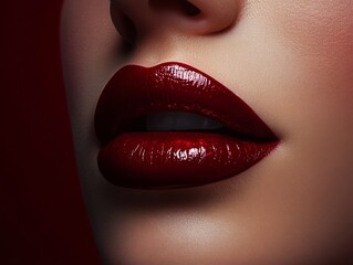 Fototapeta premium Luxurious Crimson: Close-Up of Glossy Burgundy Lips with Perfect Skin Texture, showcasing a captivating beauty look and flawless makeup application on a model's face.