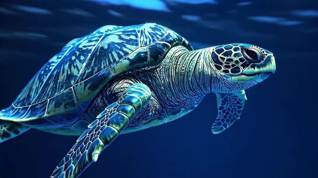 The sea turtle swims effortlessly through the tranquil blue sea, its intricate shell patterns on display as it navigates the underwater environment.