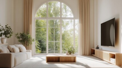 Fototapeta premium Modern living room with large window overlooking lush garden. Interior design inspiration