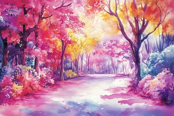 Vibrant Autumn Path Watercolor Forest Dream.