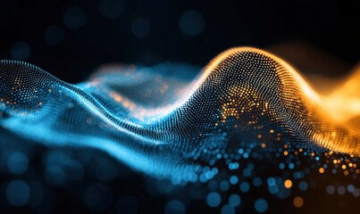 Abstract blue and gold particle wave on dark bokeh background for digital art