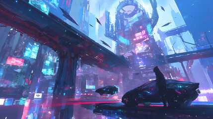 Cyber Hoverboard Vehicle Cyberpunk Background cybercity illustration