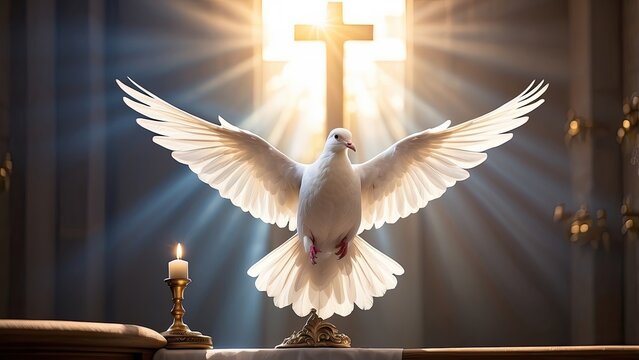 A white dove in mid-flight is depicted against a bright blue sky,