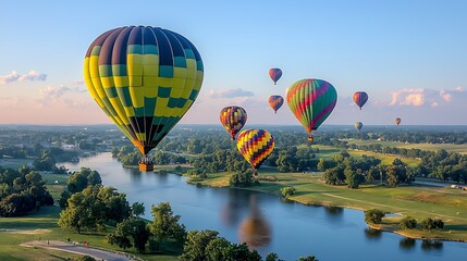 Fototapeta premium Colorful Hot Air Balloons Soaring Over a Serene River Landscape