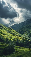 Fototapeta premium Enchanted Highland Scene with Dramatic Clouds and Lush Landscape