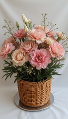 Elegant pink flower arrangement in a wicker basket  