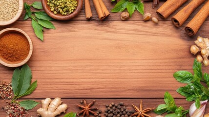Fototapeta premium Rustic wooden surface surrounded by various spices and herbs in bowls, creating a vibrant, natural composition.