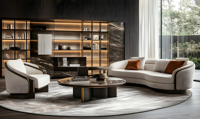 Modern Interior Living Room with Scandinavian Design and Natural Lighting – 3D Render Illustration