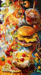 Fototapeta premium Energetic Collage of Junk Food with Swirling Sauces and Colors