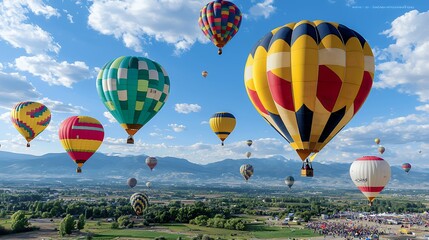 Obraz premium Colorful Pixelated Hot Air Balloons Over Scenic Landscape
