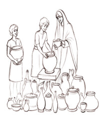 Pencil drawing. Multiplying oil according to Elisha's advice