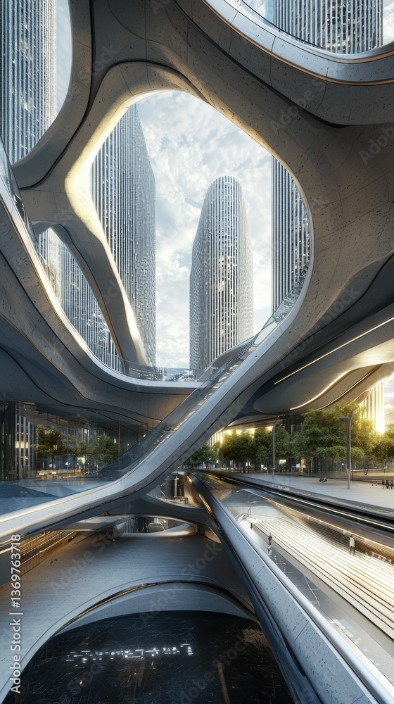 Poster dynamic futuristic city view with angular architecture elements
