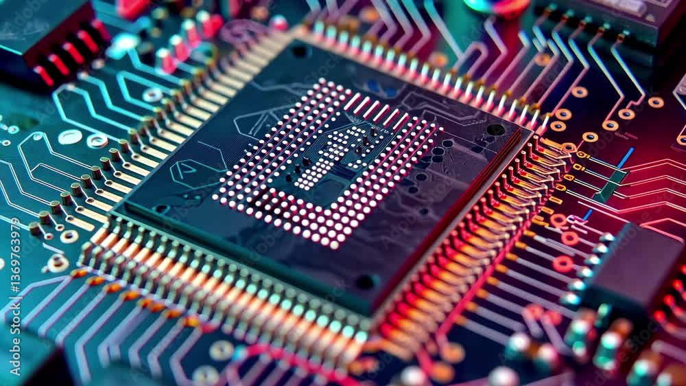Poster a detailed view displays a microprocessor surrounded by colorful circuit elements on a circuit board