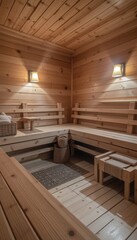 Cozy wooden sauna interior with warm lighting and benches  