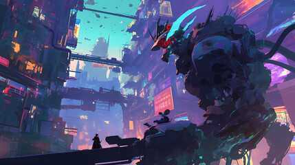 Cyber Tank vehicle cyberpunk background cybercity illustration