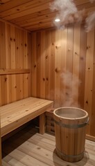 Wooden sauna interior with steam and wooden bucket  