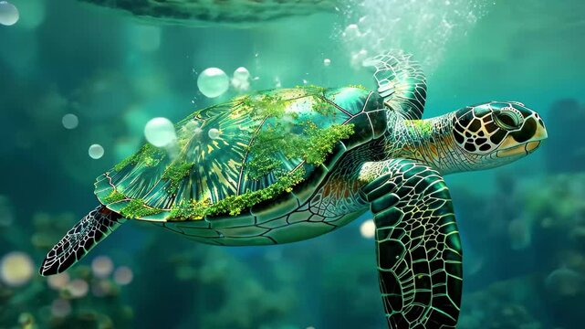 The sea turtle swims effortlessly in vibrant, clear water, showcasing its intricate shell patterns and lush green algae. Sunlight filters through, illuminating the underwater world.
