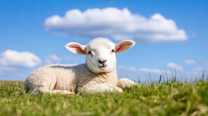 Obraz premium Cute Lamb Resting on Green Grass Under Blue Sky with Clouds