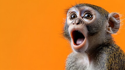 Surprised And Shocked Monkey With Open Mouth And Bulging Eyes Isolated On An Orange Background