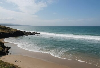 Fototapeta premium Serene coastal landscape with gentle waves and clear sky