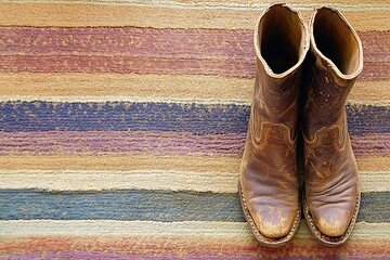 Vintage Brown Leather Cowboy Boots on Colorful Rug