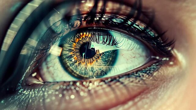 The videograph captures a striking close-up of an eye, revealing the complex texture and vivid hues of the iris, illuminated by bright light in a clinical environment.