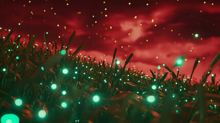 Glowing Flora Under Red Sky at Night