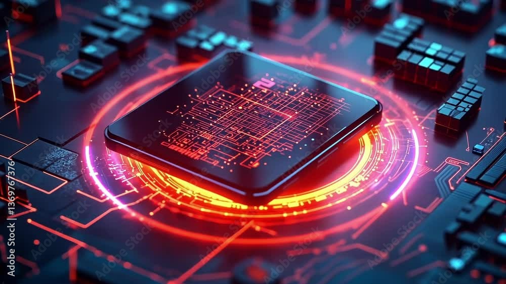 Aufkleber quantum processor generating glowing red light, symbolizing intense data processing and advanced tec
