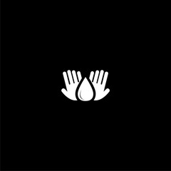 Obraz premium Save water sign icon. Hand holds water drop symbol isolated on black background