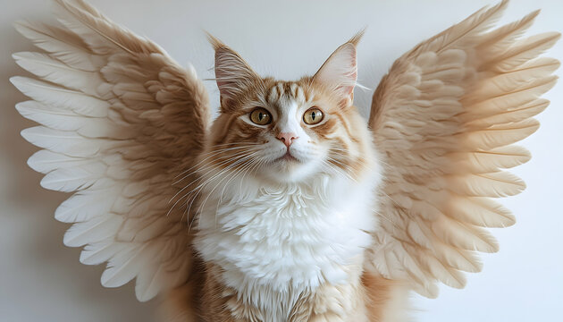 Majestic cat with angelic wings posing against a soft background, evoking a sense of wonder