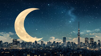 Naklejka premium Crescent Moon Over Night Cityscape with Illuminated Buildings and Tower