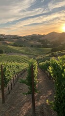 Fototapeta premium Lush Vineyard Landscape Stretching Across Rolling Hills at Sunset