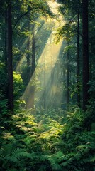 Obraz premium Majestic Forest Vista with Towering Trees and Sunlit Ferns