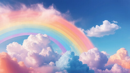 Vibrant Rainbow Arches Over Fluffy Clouds in a Beautiful Blue Sky