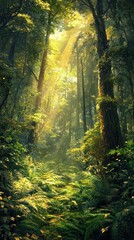 Obraz premium Majestic Forest Vista with Towering Trees and Sunlight Rays