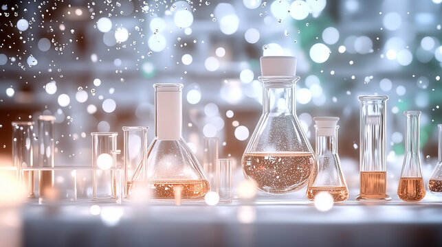 A collection of glass laboratory flasks filled with colorful liquids, with a soft-focus background creating a dreamy scientific atmosphere
