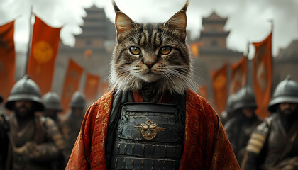 Majestic feline warrior in ornate armor stands before a battalion of soldiers amidst a historic backdrop