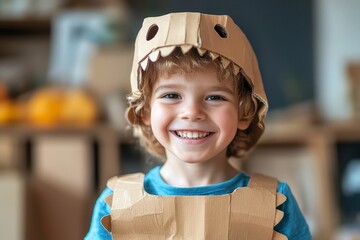 Smiling boy wearing a cardboard dinosaur costume